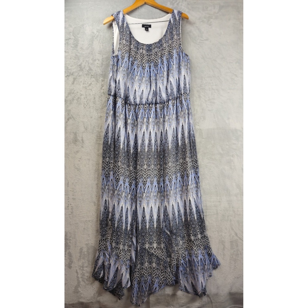 Alyx Geometric Maxi Dress Scoop Pleated Neck Blue Gray 1X Elastic Waist Lined